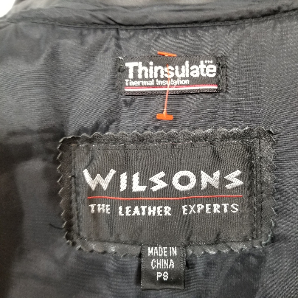VTG Wilsons Thinsulate Black Genuine Leather Women's Petite S Button Trench Coat - Picture 15 of 15